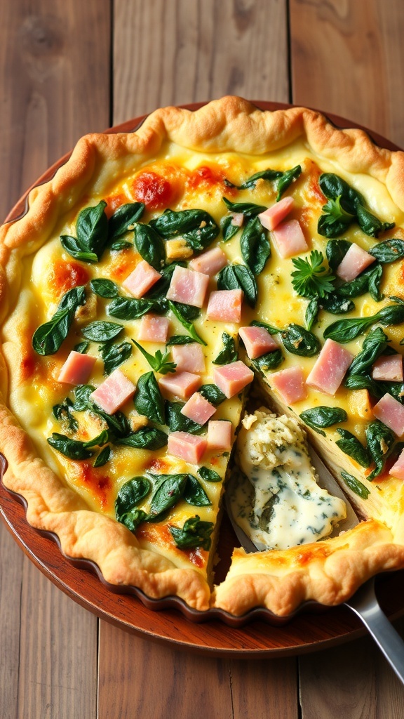 Classic 8-Inch Quiche Recipe A golden brown 8-inch quiche filled with spinach, cheese, and ham, garnished with herbs, on a wooden table.
